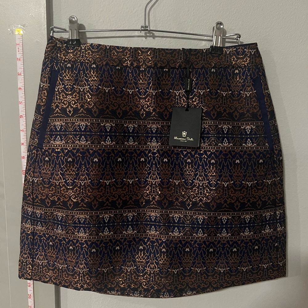 Massimo Dutti Mini Skirt Navy Blue Bronze Gold Jacquard Brand New Size 8